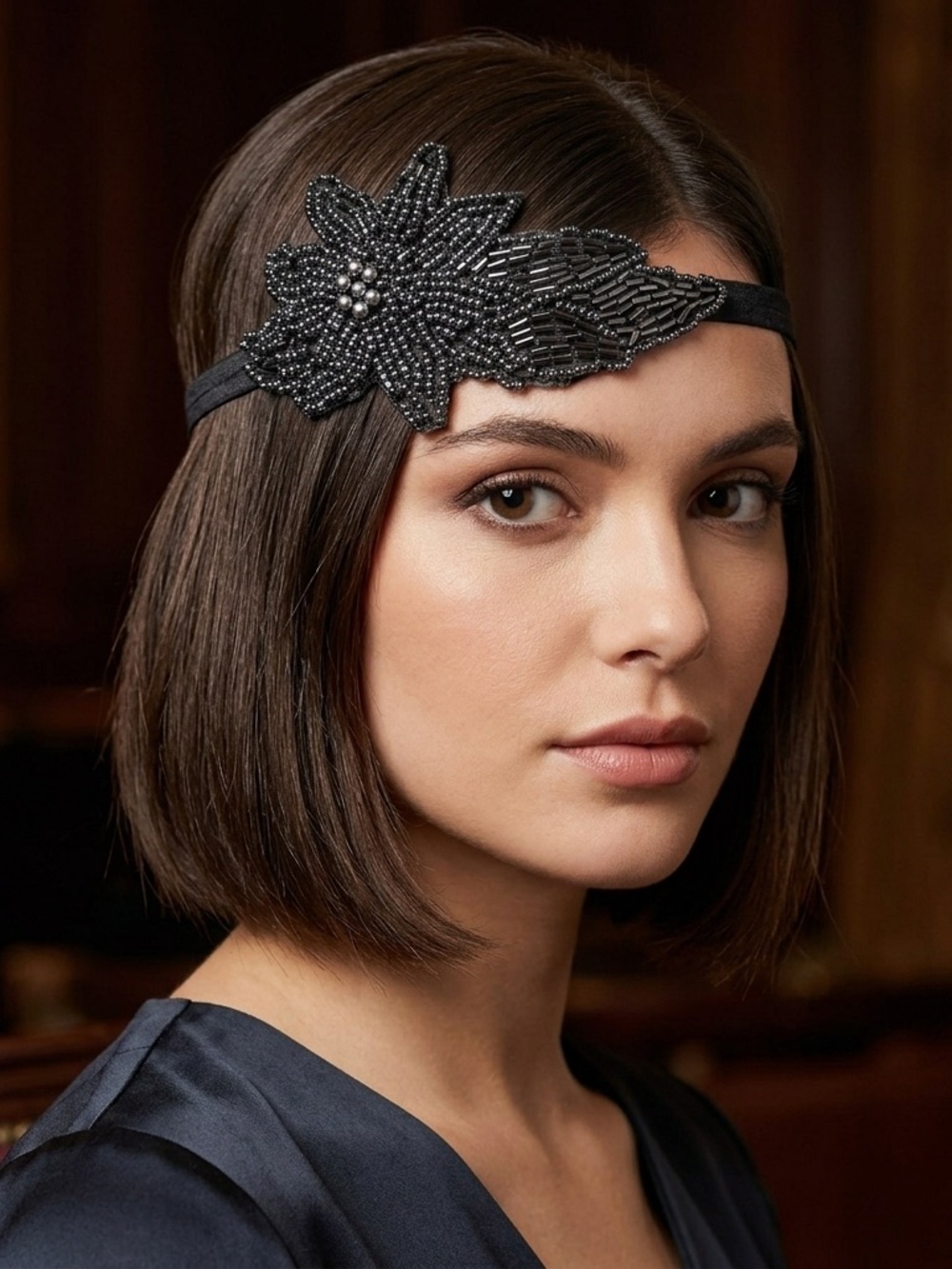 Art Deco Elegance: Midnight Beaded Floral Flapper Headband
